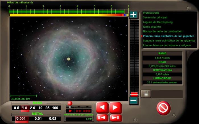 Captura de pantalla de una animación con flash que permite ver el ciclo de vida de las estrellas (Fuente)
