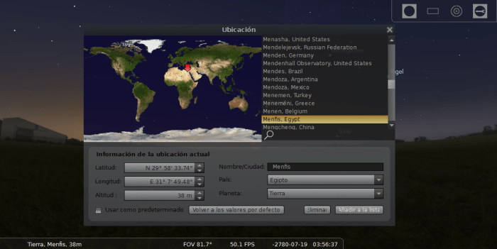 Antigua ciudad de Menfis en Stellarium