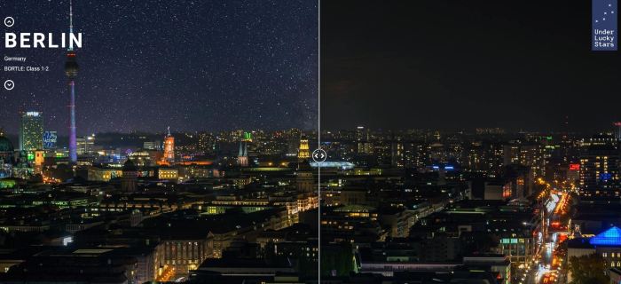 Captura del montaje realizado por Under Lucky Stars sobre la contaminación lumínica del cielo de Berlín 
