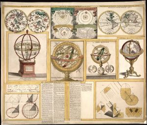 Colección de nueve imágenes astronómicas: instrumentos, cartas celestes y un mapa del mundo 